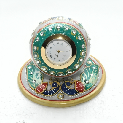 Picture of Stone WHITE MARBLE CLOCK WITH GREEN MEENAKARI WORK,
