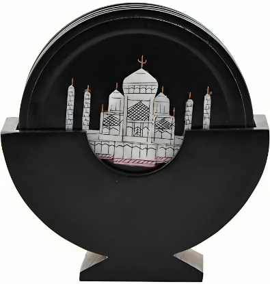 Picture of Black Marble Coasters Set Taj Inlay Work