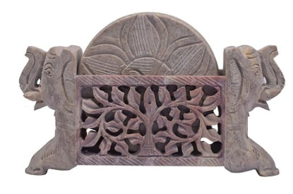 Picture of Festival Gifts Bar Coasters Set of 6 with Elephant Shaped Holder Hand Carved Natural Soapstone Tea Coffee Beer Drink Coasters Dining Party Accessories