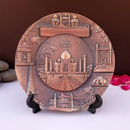 Picture of HandCrafted Bronze Metal Souvenir India Taj Mahal Plate With Stand For Wall Hanging, Table, Home Office Decor and Gifting (6" Inches)