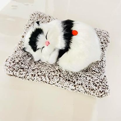 Picture of Cute Cat Sleeping On Carpet Plush Toy with Press Simulation Sound, Stuffed Cat Animal Fur Soft Toys with Sound for Kids Car Dashboard Cat & Office Desk Decoration (Whte-Black)