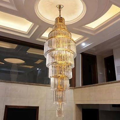 Picture of Long Crystal Chandelier | Staircase Chandelier Light Fixture for High Ceiling Hallway, Living Room, Hotel & Entryways - 2ft(Dia) X7ft (Height) Gold Plate