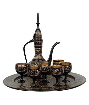 Picture of AntiqueRoyal Wine Glass, Surahi and Tray Set Pure Brass Handicraft(11.5cm x 14 cm x3.5 cm) | | Home Décor | Decorative Gift Item | Showpiece Gift