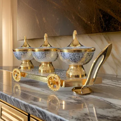 Picture of Silver Gold Plated Antique Mouth Freshener Bowl with Lid and Trolley for Home Décor Or Gift Purpose with Velvet Box- (Set of 4 Pcs- 3 Bowl with lid and 1 Trolley)