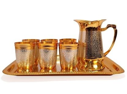 Picture of Lemon Drinkware Set - 8Pcs | Set Includes 6 Glasses, 1 Tray and 1 Jug | Antique Brass Made Mix Lemon Drinkware Set with Gold Finish | Dining Décor - with Red Box